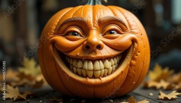 Obraz Carved orange pumpkin face glows as a spooky jack-o-lantern, an evil symbol of the fall halloween celebration