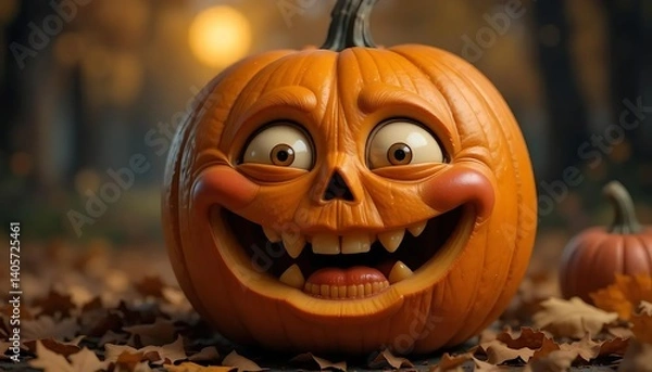 Obraz Carved orange pumpkin face glows as a spooky jack-o-lantern, an evil symbol of the fall halloween celebration