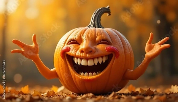Obraz Carved orange pumpkin face glows as a spooky jack-o-lantern, an evil symbol of the fall halloween celebration