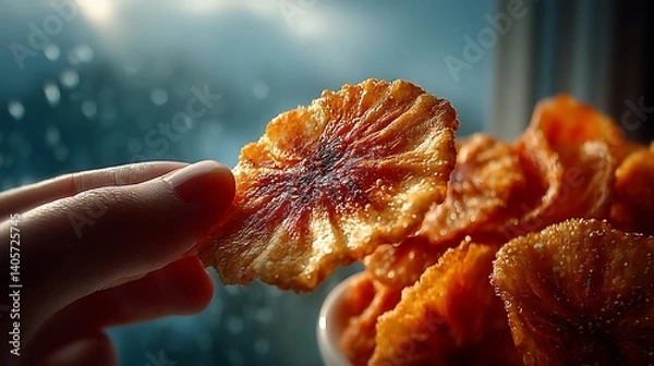 Obraz Crispy, sun-drenched pineapple chips are delicately held.