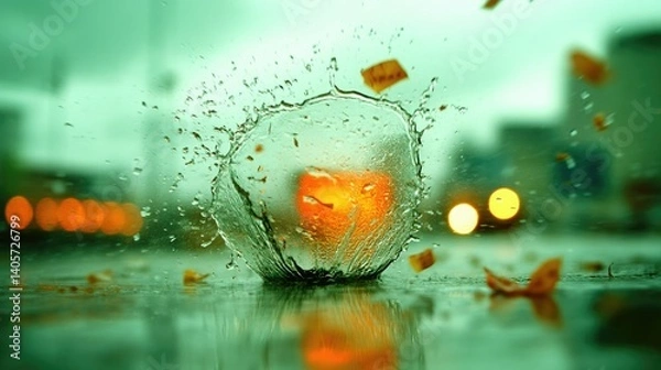 Obraz Water splashes around an orange object in a city street during rainy weather at dusk