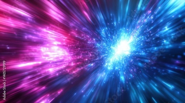 Fototapeta A vibrant, streaking burst of pink and blue light, resembling a cosmic collision or warp speed effect. Energetic and dynamic