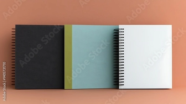 Obraz Three colorful ringed notebooks stand vertically against an orange background, creating a simple, modern study scene