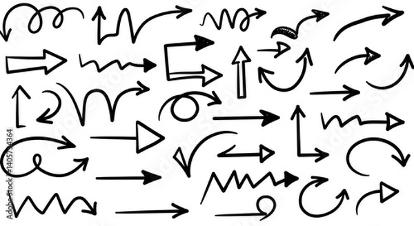 Fototapeta A playful collection of hand-drawn arrows pointing in various directions, showcasing dynamic energy and creative expression with a simple black ink style on a white background.