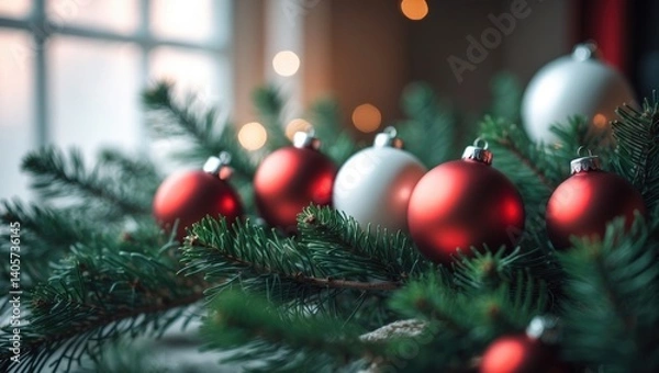 Fototapeta Crimson and ivory Christmas ornaments on a fir tree branch against a white backdrop with space for text