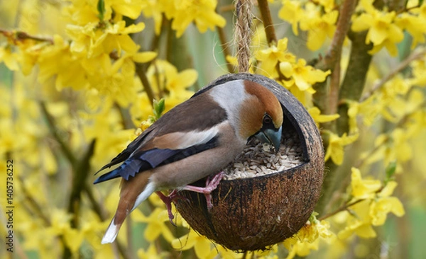 Fototapeta Kernbeißer frisst Sonnenblumenkerne im Forsythia