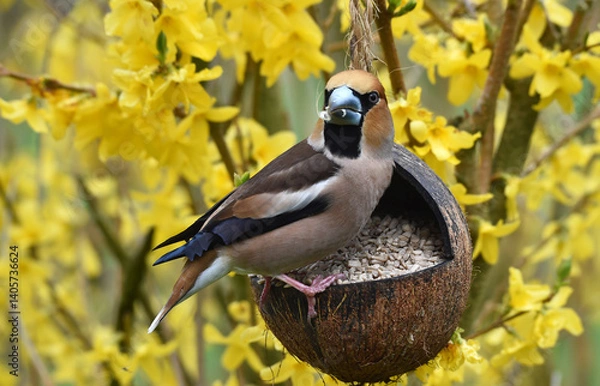 Fototapeta Kernbeißer frisst Sonnenblumenkerne im Forsythia