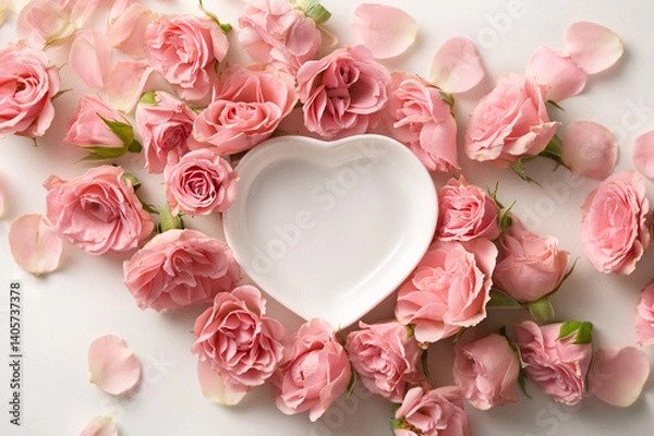 Fototapeta Roses with heart shaped bowl viewed from above. Top view. Romantic scene
