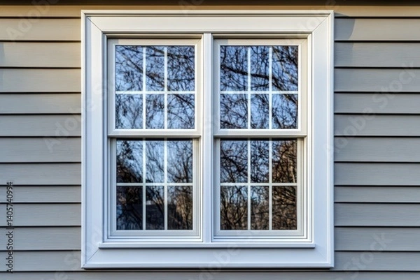 Fototapeta Elegant Double Hung Window with Stylish White Grilles and Framing, Set Against Horizontal Vinyl Siding Under Gable and Soffit