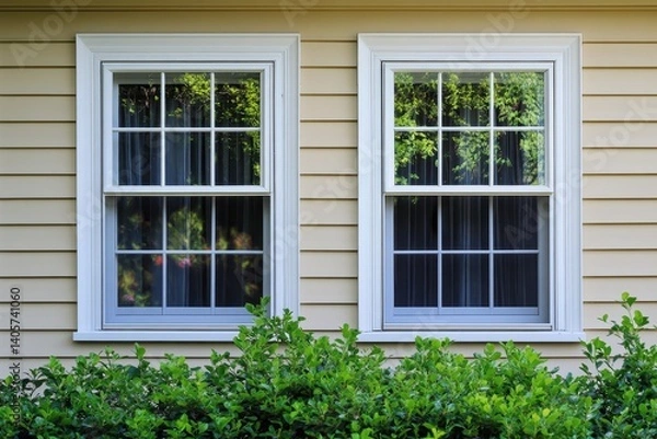 Fototapeta Elegant Double Hung Windows Framed by White Trim, Set Against a Tan Wooden Wall with Lush Green Bushes in Front