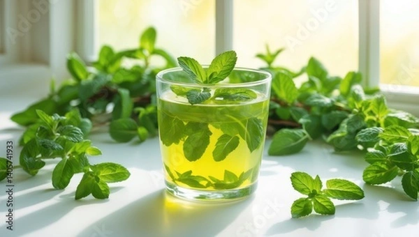 Fototapeta Chilled tea in a glass garnished with fresh mint leaves. A refreshing drink made at home.
