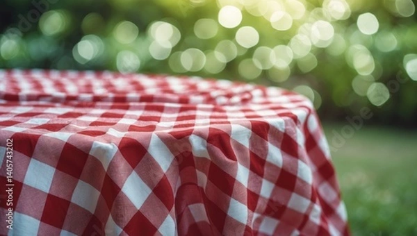 Fototapeta Red checkered tablecloth texture viewed from above with garden's abstract green bokeh in the background.