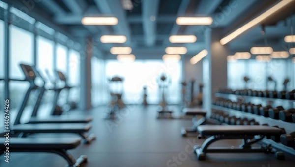 Fototapeta Blurred background of a gym with dumbbells, fitness center for personal weight training, health club featuring indistinct sports exercise equipment for classes