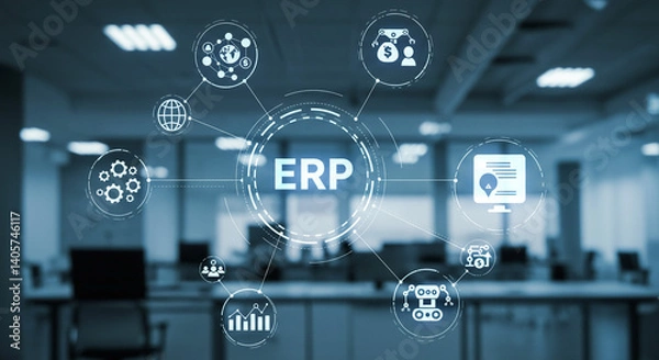 Fototapeta ERP system: Streamlining business operations for enhanced efficiency and growth in a modern office setting with a cool blue tone.