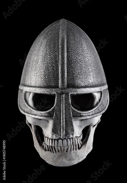 Fototapeta Human skull with medieval norman knight helmet isolated on black background