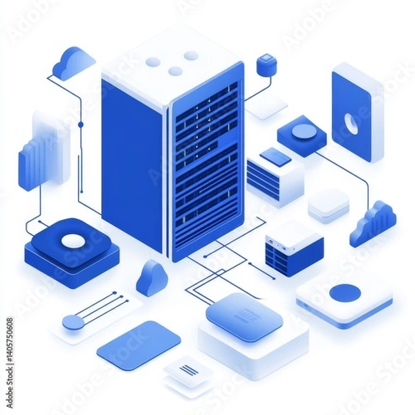 Fototapeta Modern cloud server infrastructure.  Complex interconnected network of components