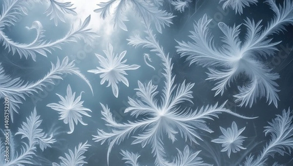 Fototapeta Ice blooms on glass windows. Intricate fractal designs created by frost on windows.