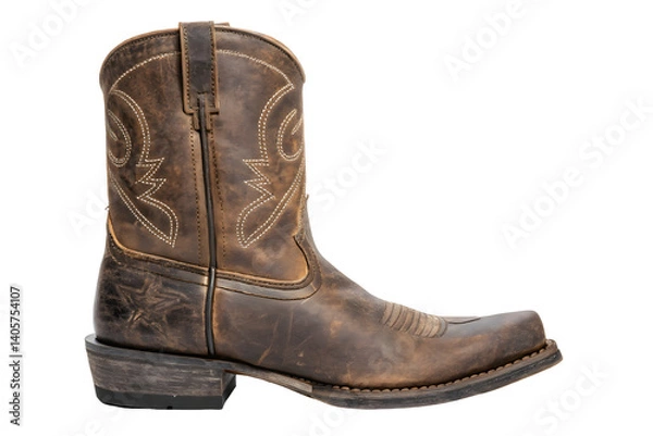 Fototapeta Vintage Style Western Boot in Brown Leather with Square Toe Design.