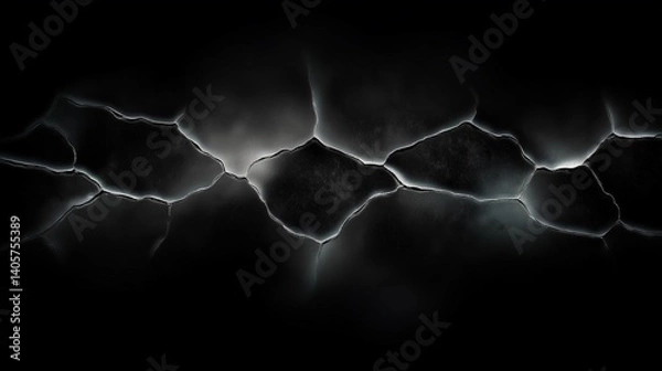 Fototapeta Eerie Illuminated Cracks on Black: A High-Contrast Abstract with Glowing White Lines Forming Jagged Shapes on a Deep Dark Background

