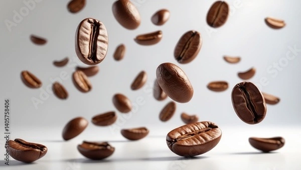 Obraz Coffee beans floating naturally on a white backdrop