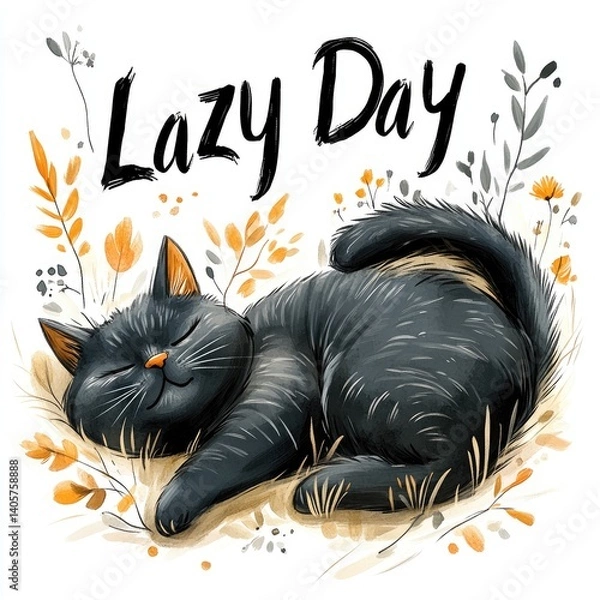 Obraz Inscription "Lazy day" with a cute cat template for printing on a T-shirt, clothes, stationery, paper, sticker. Sleeping kitten, sleepy cat. Day of rest, day off, lazy day.