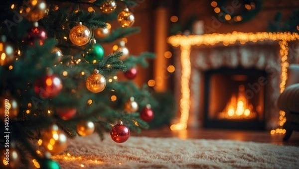 Fototapeta Out of focus backdrop featuring an adorned fireplace