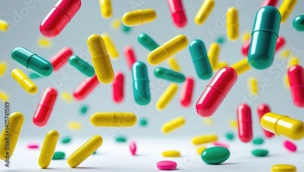 Obraz Background with isolated falling pills.
