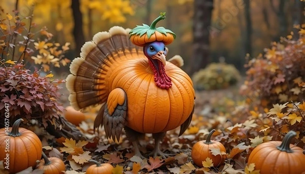 Fototapeta Turkey Hiding in Pumpkin – Funny Thanksgiving Survival Concept | Cartoon of a sneaky turkey hiding inside a pumpkin to avoid being eaten, perfect for Thanksgiving greeting cards or humorous content