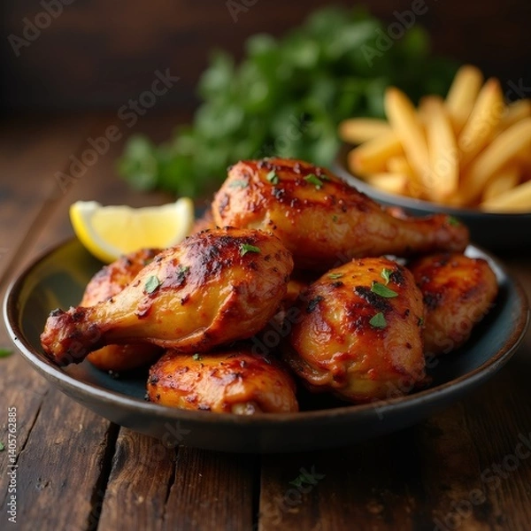 Fototapeta Honey garlic chicken drumsticks served with french fries and lemon on rustic table