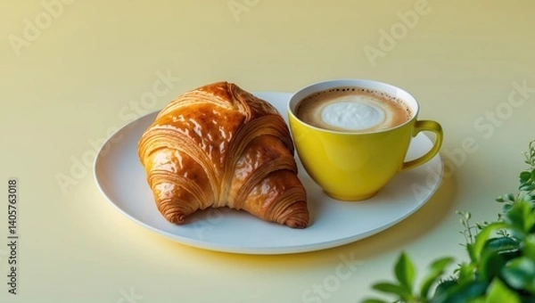 Fototapeta Flat lay arrangement of a coffee cup and a fresh croissant on a plate casting shadows. Innovative design and idea of nutritious food and breakfast. Aerial perspective with space for text.