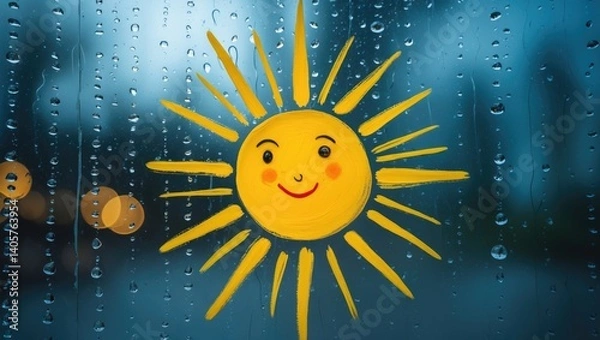 Fototapeta Radiant sun shining through a frosted window in a playful art style