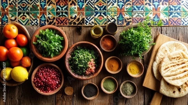 Fototapeta Middle eastern food tabbouleh traditional concept. Colorful arrangement of spices, herbs, and fresh fruits on a wooden table with decorative tiles in the background.