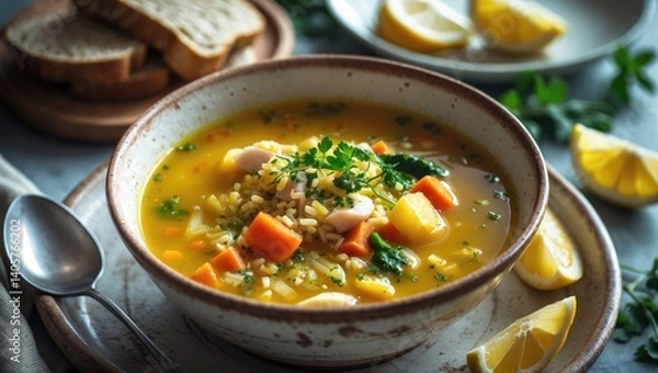Fototapeta Vegetable and rice fish soup in a white bowl.