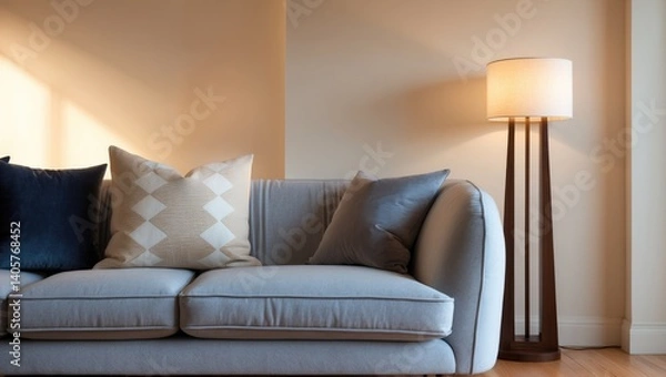 Fototapeta Cozy pillow on sofa decor with illuminated lamp in interior space