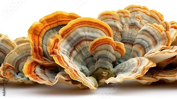 Fototapeta Close-Up View of Distinct Turkey Tail Mushrooms with Vibrant Colors Against a Clean Background
