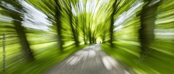 Fototapeta Blurred image of a path through trees with green leaves and sunlight.