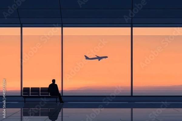 Obraz A lone traveler sitting by the airport lounge window silently observing planes taking flight as the sun sets in the distance creating a serene and contemplative atmosphere