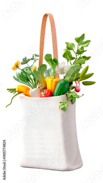Fototapeta A reusable tote bag filled with a vibrant assortment of fresh vegetables and herbs is displayed against a clean white background, promoting eco-friendly shopping practices