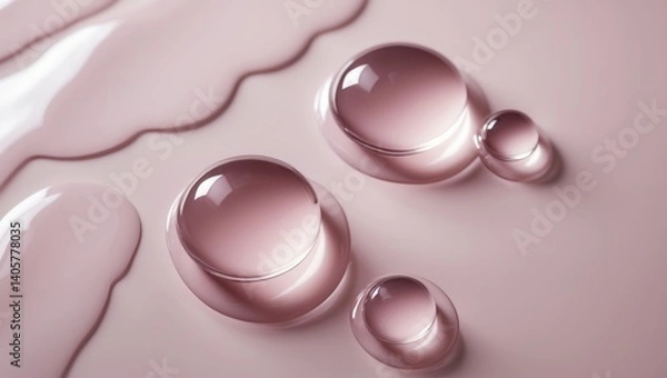 Fototapeta Top view of serum gel texture cosmetic products with round drops on a light background