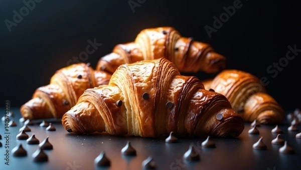 Fototapeta Three golden chocolate croissants accompanied by dark chocolate pieces set against a backdrop. Fresh and delectable pastry, bakery idea, close-up shot. Space for text.