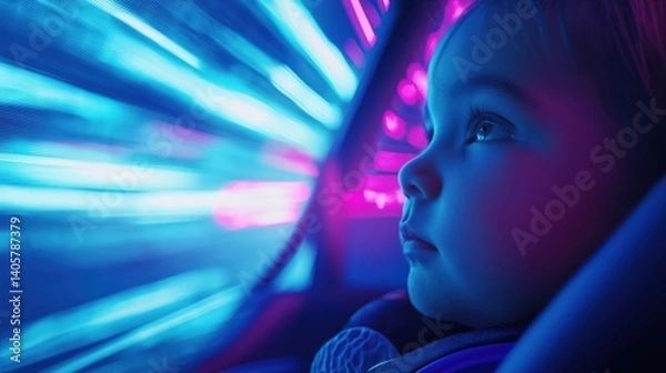 Fototapeta Child Gazing Out of a Neon-Lit Self-Driving Taxi in a Cyberpunk Cityscape