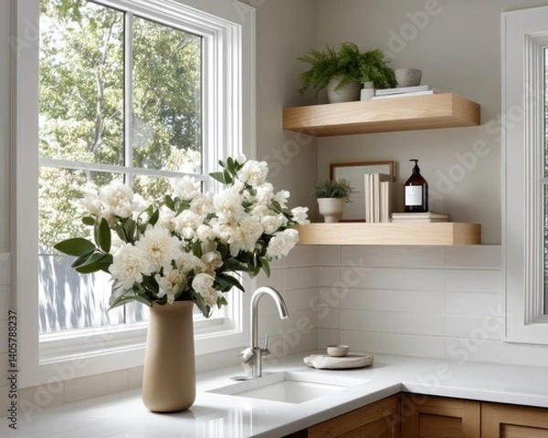 Fototapeta White subway tile backsplash, custom wooden shelving, minimalist faucet, view of blooming flowers and green plants - white urban interior