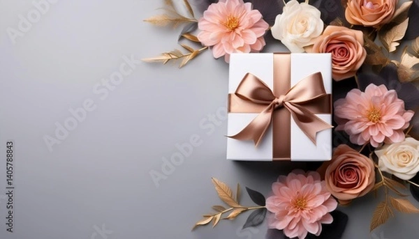Fototapeta White Gift Box with Rose Gold Ribbon on Flowers Background. Top View of Mother Day Gifts with Copy Space