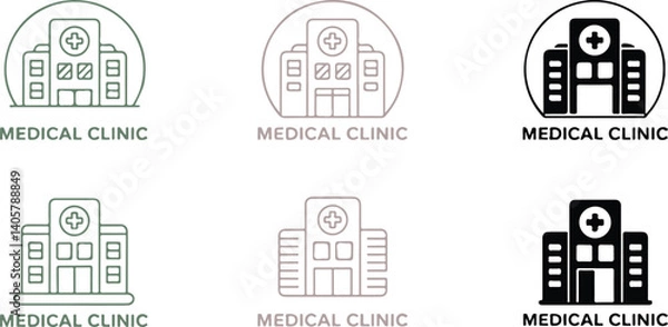 Fototapeta  Medical Clinic Icon Set – Minimalist Hospital and Healthcare Building Symbols in Line and Filled Style for Health, Emergency, and Wellness Concepts