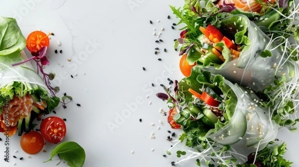 Fototapeta Fresh vegetable spring rolls with tomatos, lettuce, and microgreens on white background National Food Month