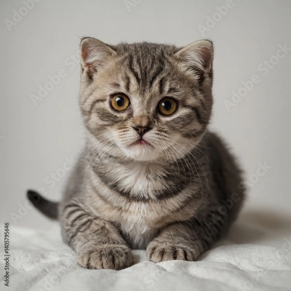 Fototapeta A Scottish Fold kitten with round eyes sitting calmly on white.