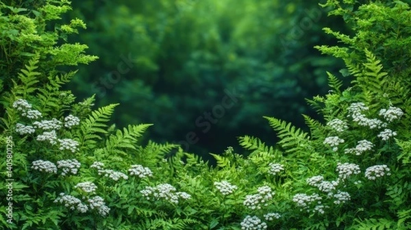 Fototapeta Lush ferns and tiny white flowers frame a dense, out-of-focus verdant background
