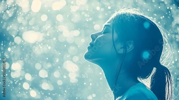 Fototapeta A gentle serene portrait of a woman enjoying the soft shimmering reflection of water droplets against a tranquil vibrant blue backdrop  The image evokes a sense of brightness freshness