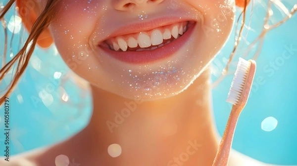 Fototapeta Close up Portrait of a Smiling Child Holding a Toothbrush Emphasizing the Importance of Dental Hygiene Freshness and Vibrant Vitality