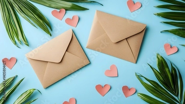 Fototapeta Elegant blue background with scattered red and pink paper hearts perfect for Valentines Day greeting cards invitations or romantic themed designs
